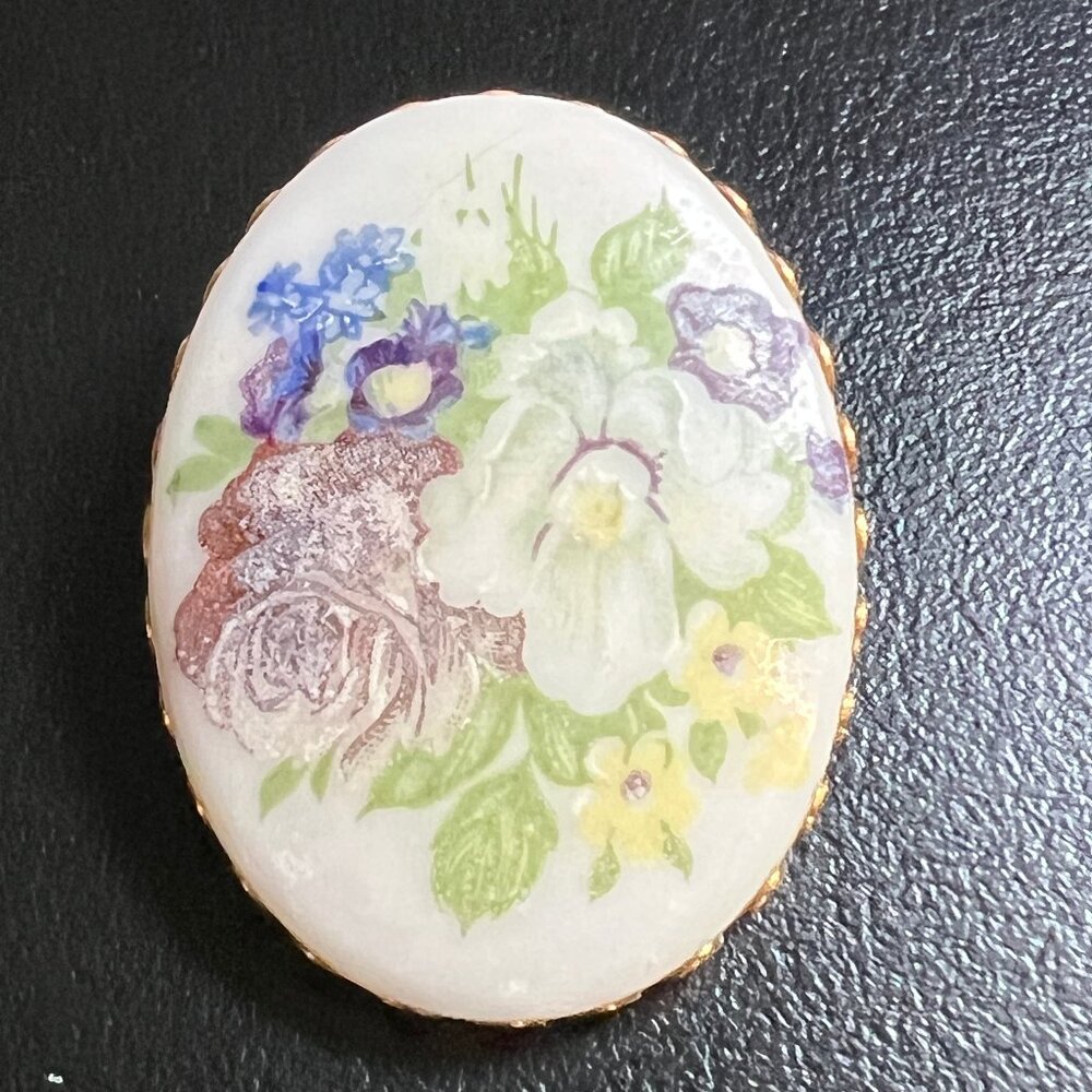 Vintage Floral Porcelain Brooch Multicolor Flowers Gold Tone Frame Pin